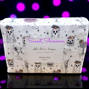 London Kaye Halloween Ghost Pumpkin Skeleton Hand Cocktail Queen Bed Sheet Set